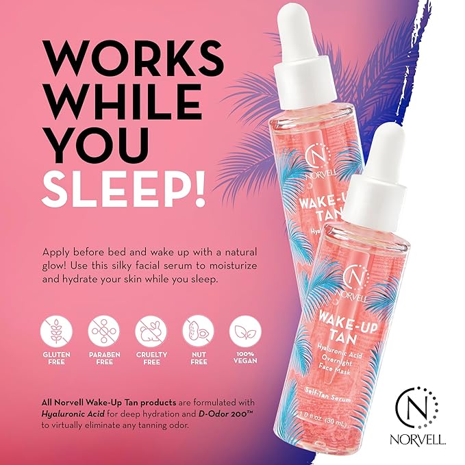 Norvell Wake-Up Tan Clear Self-Tan Face Serum, 1 oz Gradual Facial Self Tanner, Overnight Sunless Tanning Serum with Hydrating Skincare Benefits