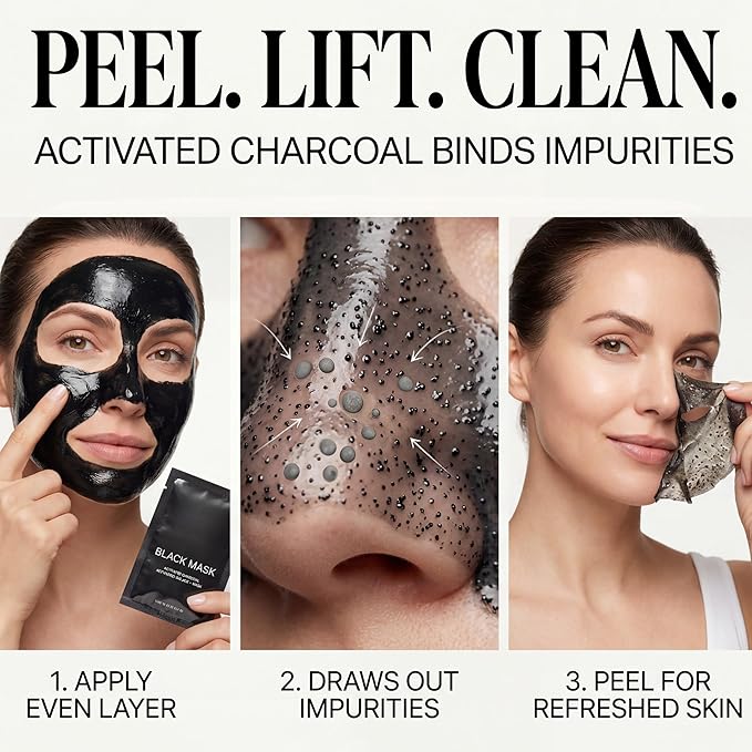 Black Mask Peel Off Face Mask with Activated Charcoal Powder – Korean Blackhead Remover Mask for Nose & Face, Pore Cleaner, Clay Mask & Strips Alternative, Face Mask Skincare for Men & Women, Gift Set