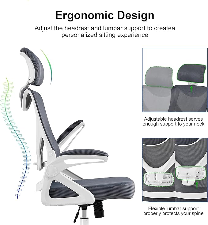 Yaheetech Ergonomic Mesh Office Chair, High Back Desk Chair with flip-up Armrests, Adjustable Padded Headrest Lumbar Support for Home Oiffce Game Room, White/Gray