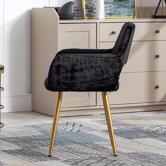 KCC Furry Desk Chair Set of 2, Mid-Century Modern Accent Faux Fur Chair for Teen Girls, Comfy Armchair with Wood Look Metal Legs for Living Dining Room, Home Vanity Makeup Office Desk Chairs No Wheel