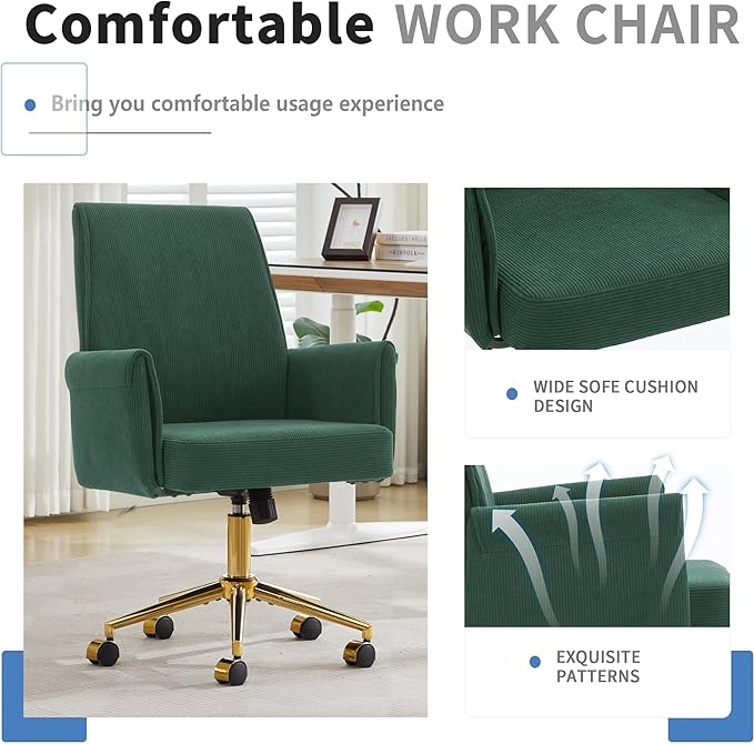 Stripes Velvet Home Office Desk Chair, Accent Upholstered Modern Height Adjustable Swivel Chair with Wheels,Ergonomic Task Chair for Living Room,Bedroom,Vanity,Study,Office（Green）