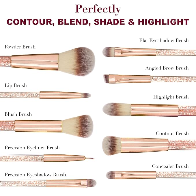 10pc Pro Makeup Brush Set w/Sparkling Gemstones in Rose Gold - 10 Quality Soft Bristle Makeup Brushes For Everyday Use - Professional Makeup Brushes & Tool