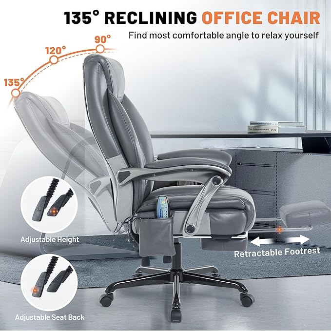 Massage Office Chair with Heating Function & Footrest, 6-Point Vibration, Ergonomic Executive Reclining Desk Chair with Padded Seat for Relaxation, Comfort & Stress Relief