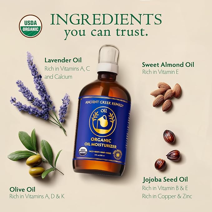 Ancient Greek Remedy Body Oil 8 oz - Organic After Shower Face Oil & Body Moisturizer for Dry Skin - Almond, Jojoba, Olive, Lavender, Vitamin E Oils - Natural Clean Facial Skincare for Women & Men