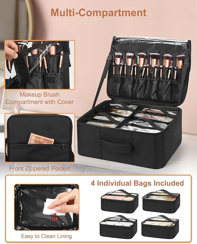 Relavel Makeup Backpack with Makeup Brush Case, Extra Large Travel Train Case Professional Artist Kit Set Bag with 4 Clear Bags, Brush Storage Organizer Box for Cosmetic Hair Tools, Black