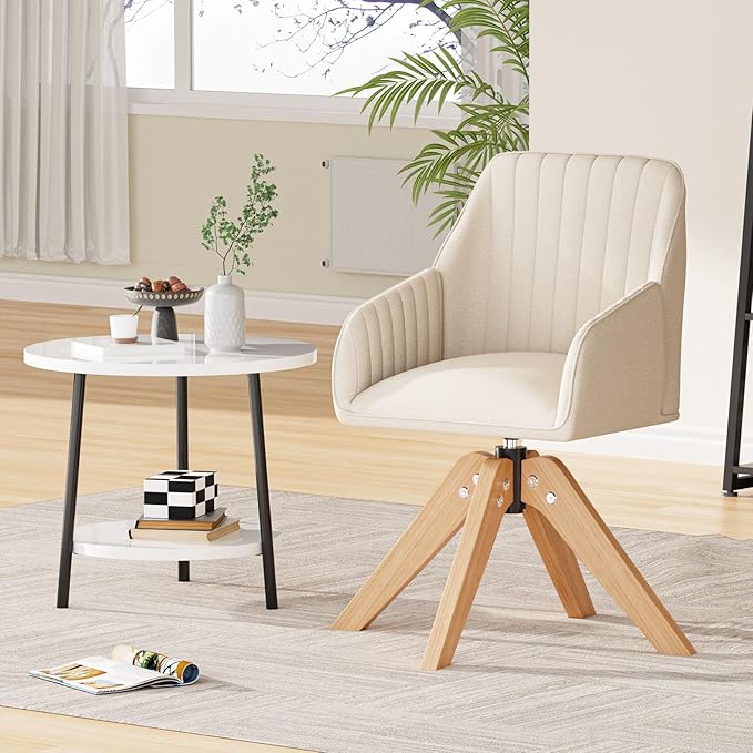 Furniliving Mid Century Modern Swivel Accent Chair for Living Room Set of 2, Wood Desk Chair with Arms Mid Back Arm Chairs Upholstered Vanity Chair No Wheels for Home Office/Bedroom, Faux Linen Beige
