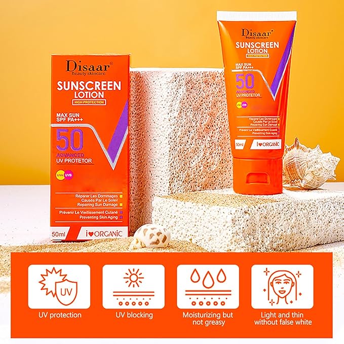 DISAAR BEAUTY Lemon Extract Sunscreen Lotion High Advanced Protection SPF 50 PA+++ UVA/UVB Repair Vitamin C Hydrate Skin 50ml / 1.69fl.oz
