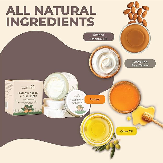 Whipped Beef Tallow Face Moisturizer | 100% Grass Fed Beef Tallow Skin Face Balm Cream | Lotion Balm Body Moisturizer with Honey & Almond | 4 oz | Natural Skin Care