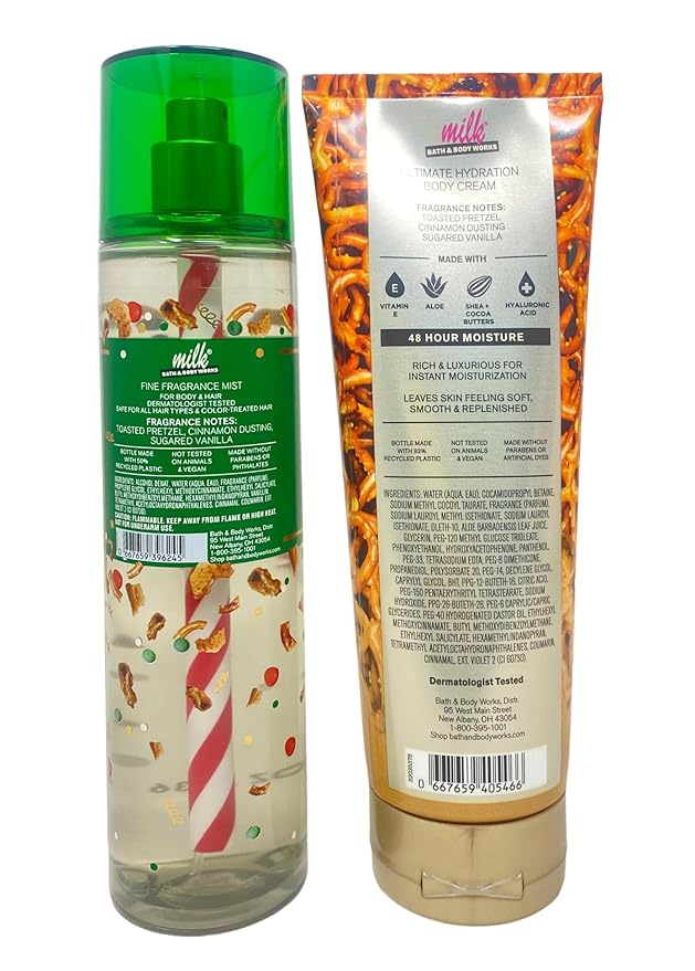 Bath & Body Works Cinnamon Sugar Pretzel Cookie Fine Fragrance Mist and Ultimate Hydration Body Cream with a Peach Gardenia Bar Soap