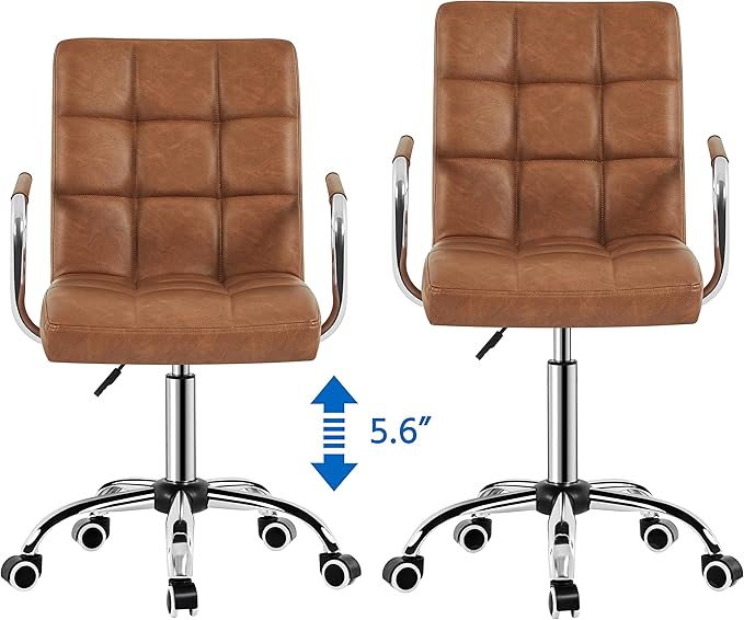 Yaheetech PU Leather Comfortable Office Desk Chair Mid Back Height Adjustable Computer Swivel Chair w/Armrests, Retro Brown