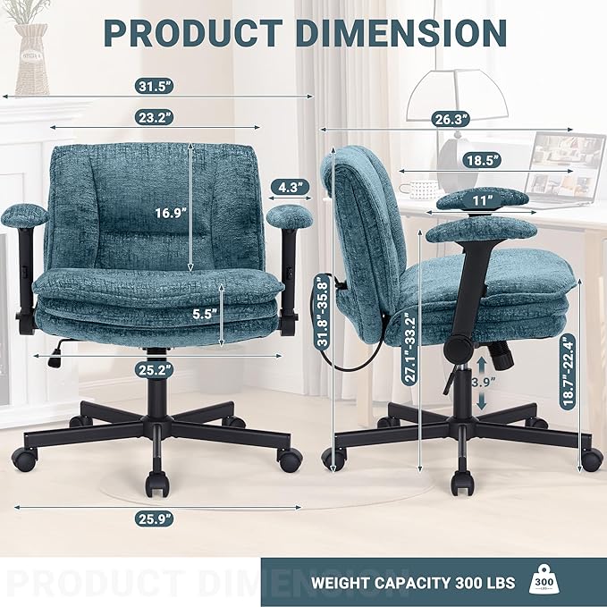 Criss Cross Chair with Wheels and Flip Arms, Upholstered Cross Legged Office Chair with 3 Layer Cushions&Dynamic Airbag Lumbar Support, Wide Seat Comfy Desk Chair for Home Office,Living Room,Turquoise