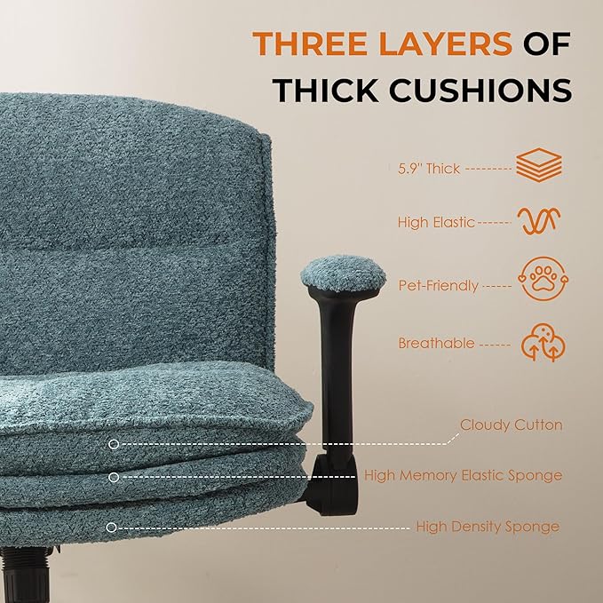Dowinx Criss Cross Chair with Adjustable Flip-up Arms and Wheels, Comfort Ergonomic Office Desk Armchair with 3 Layer Cushions, Wide Seat Vanity Chair for Home Office, Living Room, Bedroom, Blue
