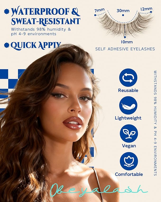 Obeyalash Waterproof Brown Self Adhesive Eyelashes,Cateye 12mm,5 Pairs Stick on False Eyelashes,Pre Glued Lashes, No Glue Needed,Wispy Glueless Lashes Reusable Self Adhesive False Eyelashes(Brown 871)