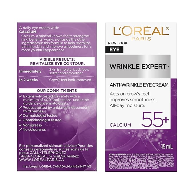 L'Oreal Paris Wrinkle Expert 55+ Anti-Wrinkle Eye Cream with Calcium,Reduce Crow's feet,0.5 Oz,(Pack of 2)