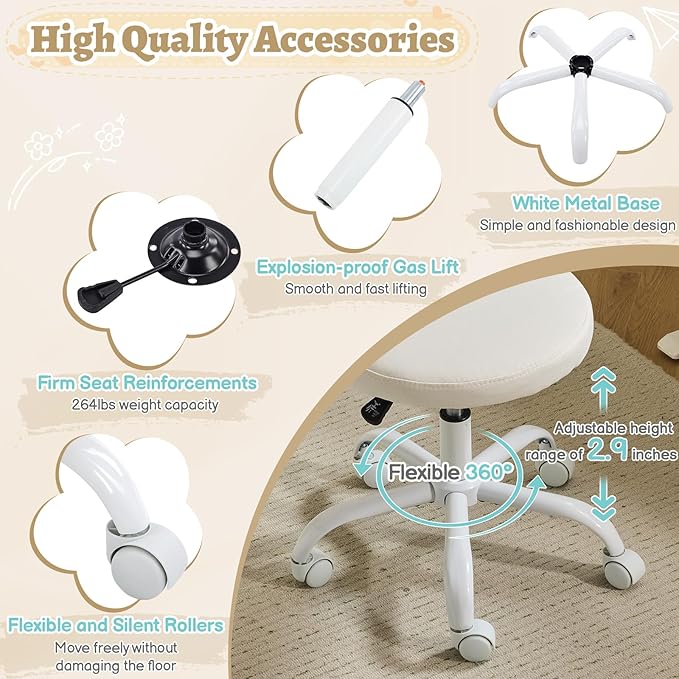 VINGLI Small Vanity Chair with Wheels for Girls.Cute Modern Adjustable Height Armless Office Desk Chair.360°Swivel Comfy Rolling Chair for Study, Make up Room,Small Space,Linen White