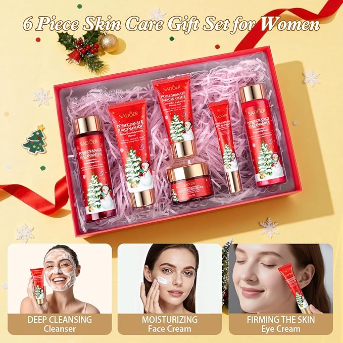 Gifts for Women 6 Pcs Skin Care Set Pomegranate Moisturize Soothe Hydrate Gifts for Teenage Girls Stocking Stuffers-Cleanser,Toner,Lotion,Face Cream,Eye Cream,Sleep Mask