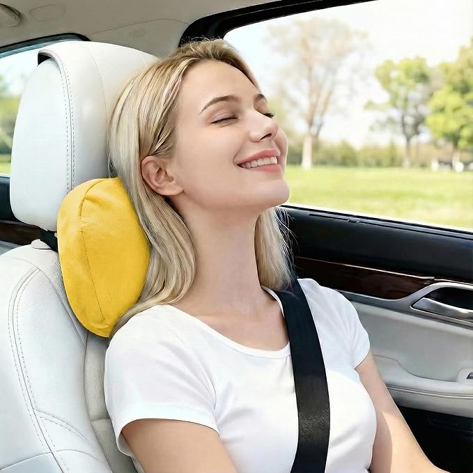 2PCS Car Pillow for Car Neck Pillow for Driving Seat Leather Neck Support Soft Cushion Back Support Head-Rests for Vehicle Sleeping with Elastic Adjustment Strap (Golden, Head)