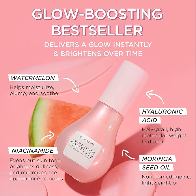 Glow Recipe Watermelon Glow Niacinamide Dew Drops Brightening Serum (40 ml) + PHA + BHA Face Toner (40 ml) + Blueberry Bounce 3-in-1 Foaming Double Cleanser, Makeup Remover & Clarifying Mask (30 ml)