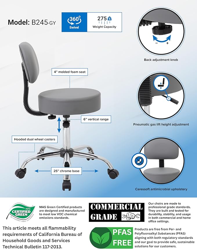 Boss Office Products Be Well Medical Spa Professional Adjustable Drafting Stool with Back, Grey (B245-GY)