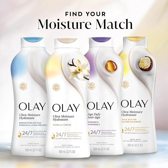 Olay Body Wash for Women, Ultra Moisture, 24/7 Moisture Barrier Repair, Hydrating Formula for Visibly Healthy Soft Skin, Vitamin B3 & Hyaluronic Blend, All Skin Types, Vanilla Creme Scent, 22 fl oz