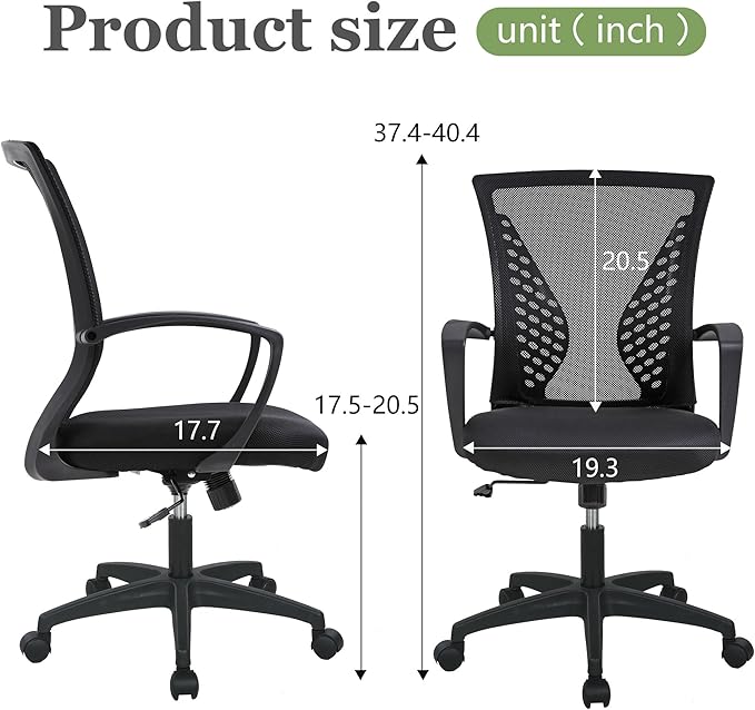 Home Office Chair Mid Back PC Swivel Lumbar Support Adjustable Desk Task Computer Ergonomic Comfortable Mesh Chair with Armrest (Dark Black)