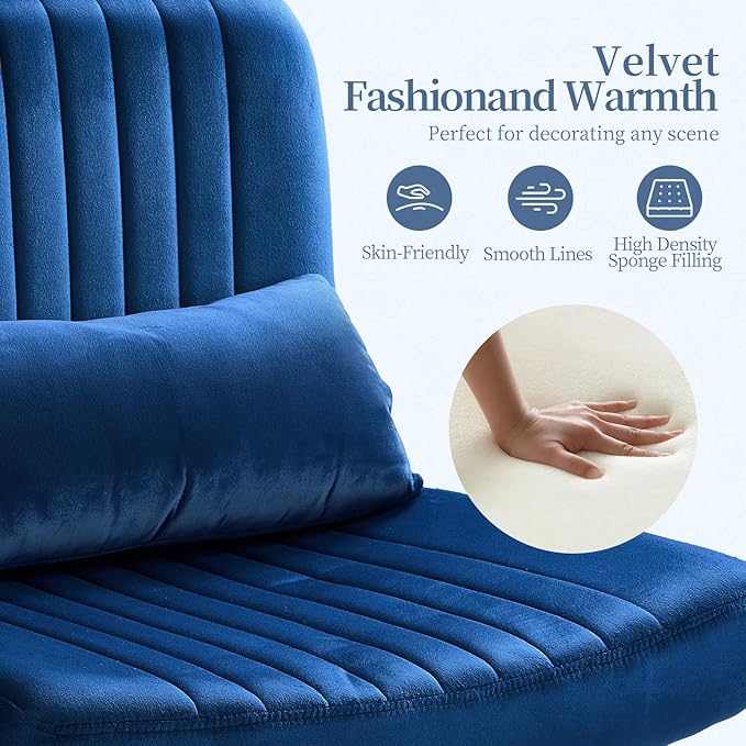 Warmiehomy Velvet Criss Cross Chair with Wheels, Cross Legged Office Chair, Comfy Desk Chair for Home Office, Ergonomic Computer Chair, Wide Seat Vanity Chair, for Adults, Dark Blue
