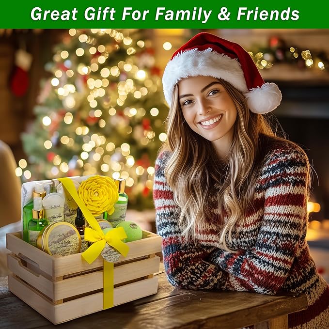 Bath Spa Gift Sets - Luxury Basket With Green Tea & Lemongrass - Spa Kit Includes Wash, Bubble Bath, Lotion, Bath Salts, Body Scrub, Body Spray, Shower Puff, Bathbombs, Soap and Towel