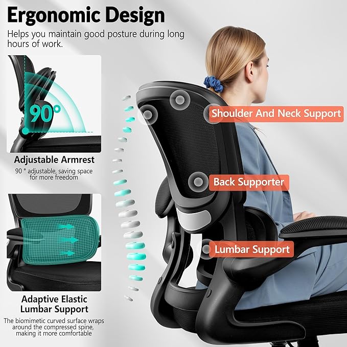 Office Chair Ergonomic Desk Chair, Breathable Mesh Comfy Chair with Lumbar Support, Computer Chair, Home Desk Chair with Flip-up Armrests, Gaming Chair for Adults Home Office (Black,10Pack)