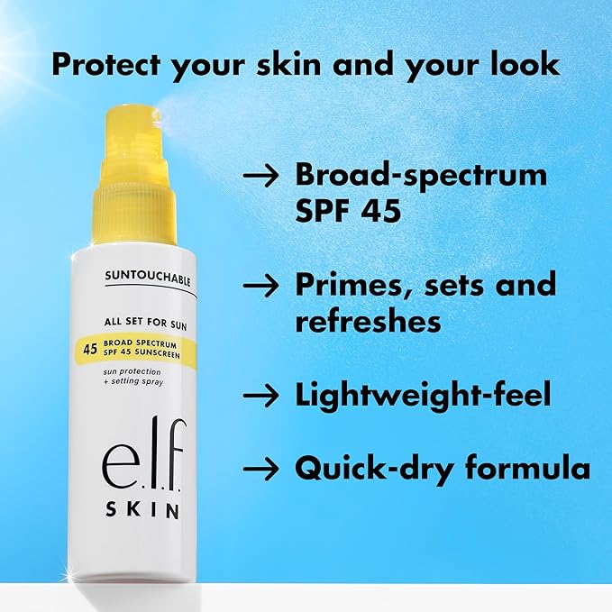 e.l.f. SKIN All Set For Sun SPF 45 Setting Spray, Clear Makeup Setting Mist + Sunscreen, Weightless SPF Face Protection & Makeup-Locking Spray, Vegan & Cruelty-Free