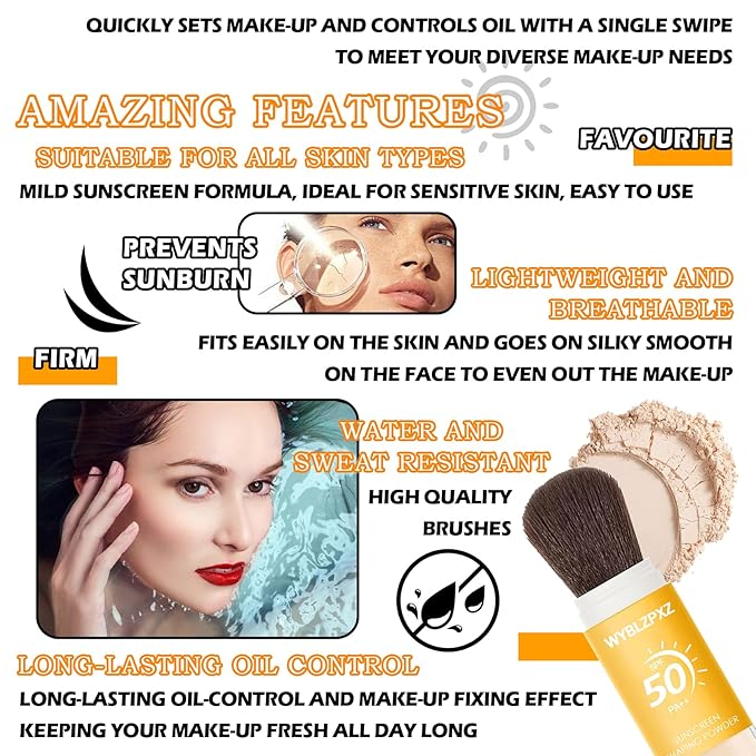 2 Pcs Mineral Sunscreen Setting Powder SPF50 PA++ for Face,Long-Lasting Oil Control Sunscreen Brush Powder,Matte Transparent Facial Powder Sunscreen,All Skin