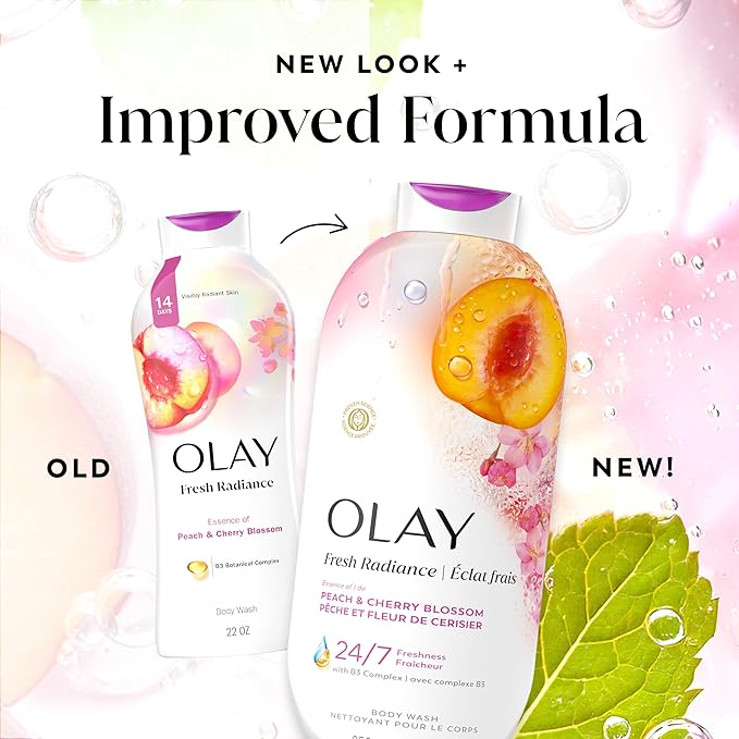Olay Body Wash for Women, Fresh Radiance, 24/7 Skin-Loving Freshness, Visibly Radiant, Plant Based Cleansers, Vitamin B3 & Antioxidant Blend, For All Skin Types, Peach & Cherry Blossom Scent, 22 fl oz