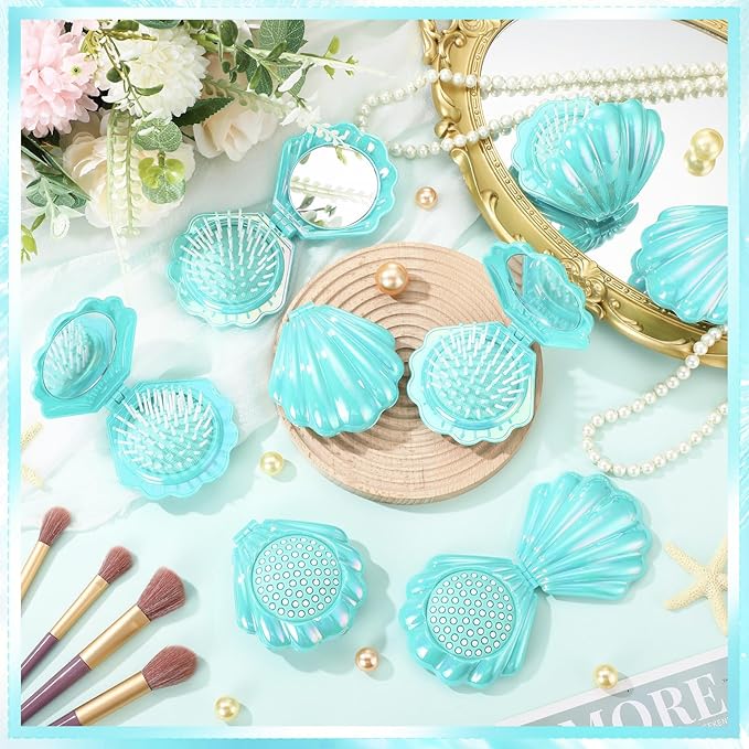 Meanplan 12 Pcs Mermaid Party Favors Shell Hair Brush with Mirror Foldable Mini Travel Pocket Hair Brush Compact Makeup Comb for Women Girls Valentines Day Birthday Gifts(Cyan)