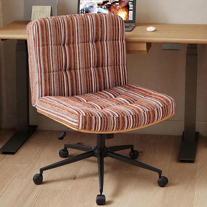 Furnimart Heavy-Duty Curved FSC Wood Desk Chair 360° Swivel, Premium Chenille Criss Cross Chair with Wheels Wide Seat, Comfy Armless Cross Legged Sitting for Bedroom, Office, Vanity(Dark Brown)