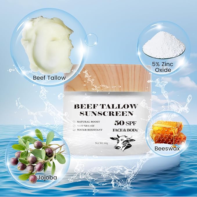 Scosvvi Beef Tallow Sunscreen: SPF 50 non toxic sunscreen, Tallow & Zinc Oxide Sunblock Non-Greasy Reef Safe formula 2 oz