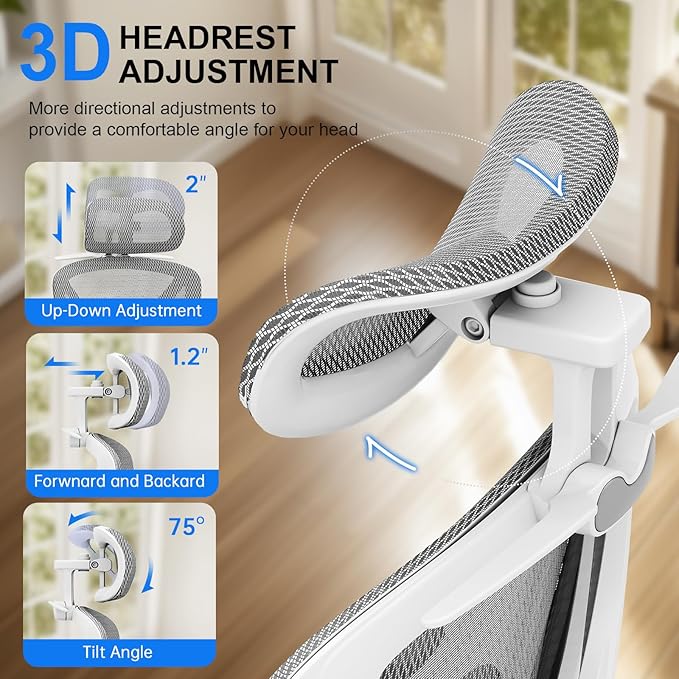 Ergonomic Mesh Office Chair, Home Desk Chair Comfy with Adjustable Lumbar Support 3D Headrest and Armrests, Reclining Big and Tall High Back Computer Gaming Chairs for Man Women, 350lbs Grey
