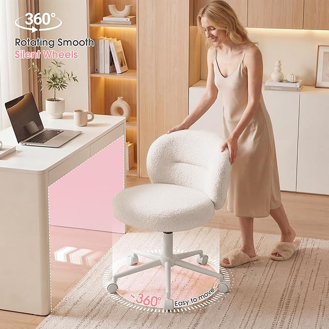 Small Round Vanity Chair with Wheels, Armless Home Office Desk Chairs with Back, Height Adjustable & 360° Swivel, Cute Comfy Vanity Computer Chair for Bedroom, Home Office, White