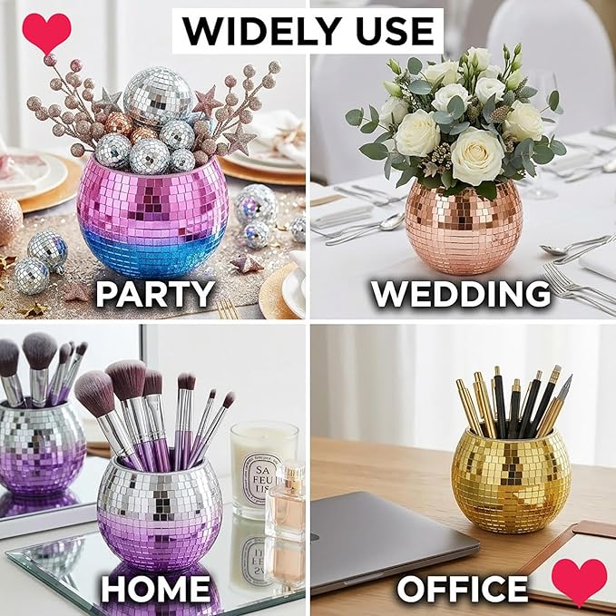 2 Pack Glass Disco Ball Makeup Brush with Smooth Grouting - Premium Mirror Mosaic Pencil Cup for Desk, Cute Pen Holder, Aesthetic Room Decor Gift (rose gold)