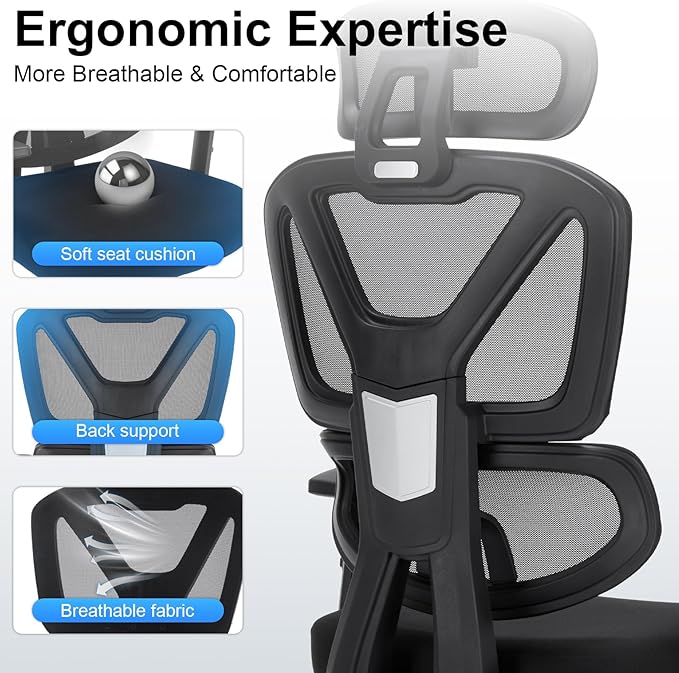 Ergonomic Office Chair,Computer Desk Chair with Adjustable Lumbar Support & 3D Headrest,5D Armrests,90-135° Recline,Breathable Mesh High Back,BIFMA Certified,Home Office Gaming Chair for Adults,Black
