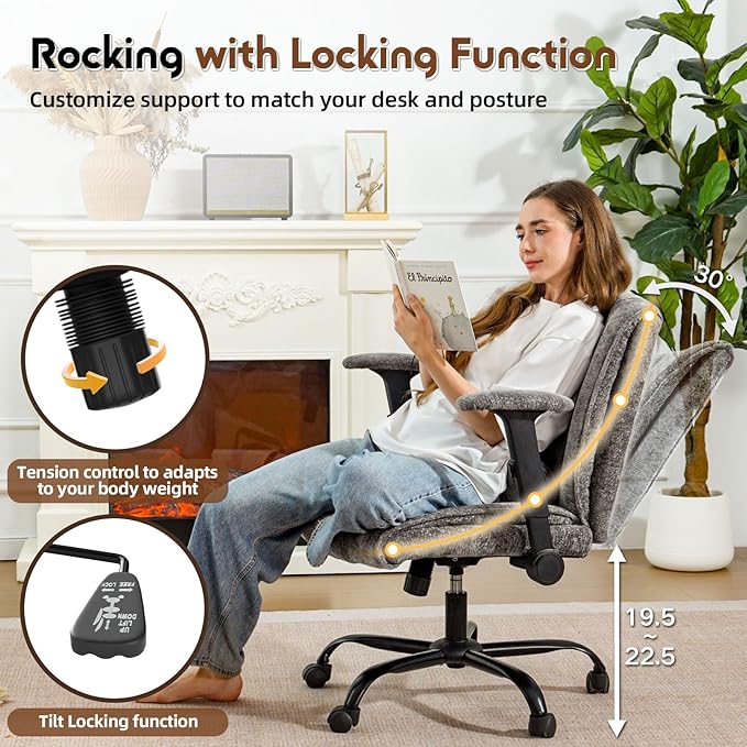Criss Cross Chair with Wheels & Flip Arms, Wide Cross Legged Office Chair with Adjustable Tilt Criss-Cross Desk Chair with Lumbar Support for Home Office, Bedroom, Apartment Gray