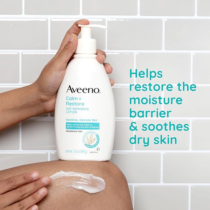 Aveeno Calm + Restore Oat Repairing Body Lotion for Sensitive Skin, Daily Moisturizer with Prebiotic Oat, Aloe & Pro-Vitamin B5, Fragrance Free Body Lotion Helps Heal Dry Skin, 12 oz
