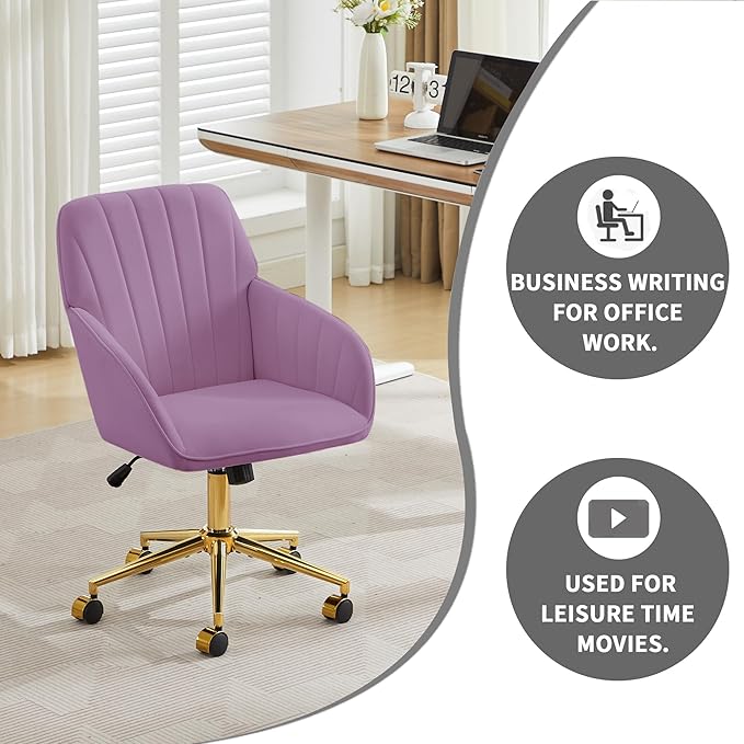 YITAI Velvet Office Desk Armchairs with Gold Base and Wheels,Modern Height Adjustable 360 Degree Swivel Upholstered Vanity Chairs for Living/Room Bedroom/Study,Light Purple