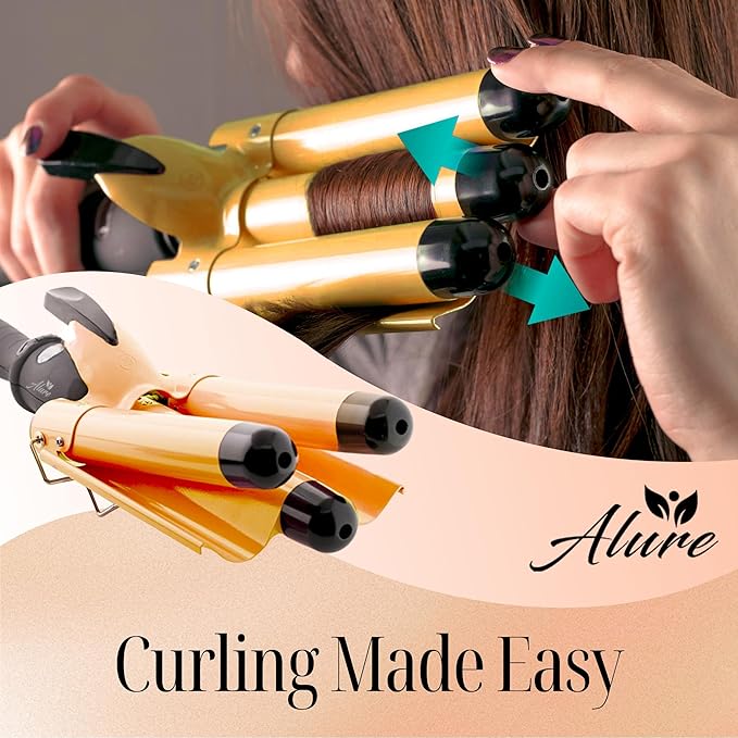 Alure Three Barrel Curling Iron Wand with LCD Temperature Display - 1 Inch Ceramic Tourmaline Triple Barrels, Dual Voltage Crimping Tool, Best Hair Waver for Beachy/Frizz Free Waves (zGold)