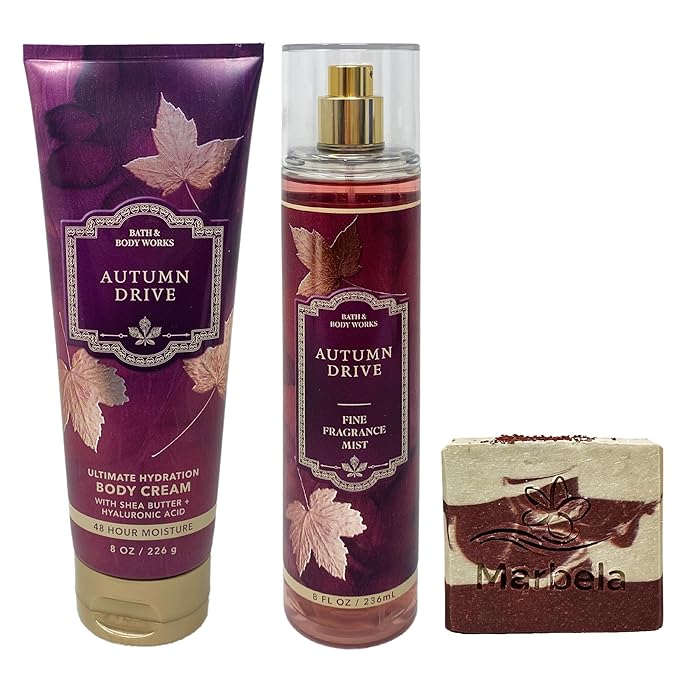 Bath & Body Works Autumn Drive Body Cream and Fragrance Mist Duo Set with a Cherry on Top Bar Soap - Full Size