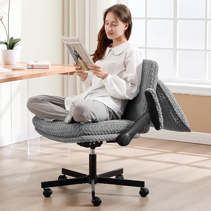 Fizzin Flip-up Armrests for Criss Cross Chair,Cross Legged Chair with Wheels,Memory Foam Seat Office Desk Chair,Mid Back Swivel Chair for Home Office,Bedroom Vanity (Grey Armrests)