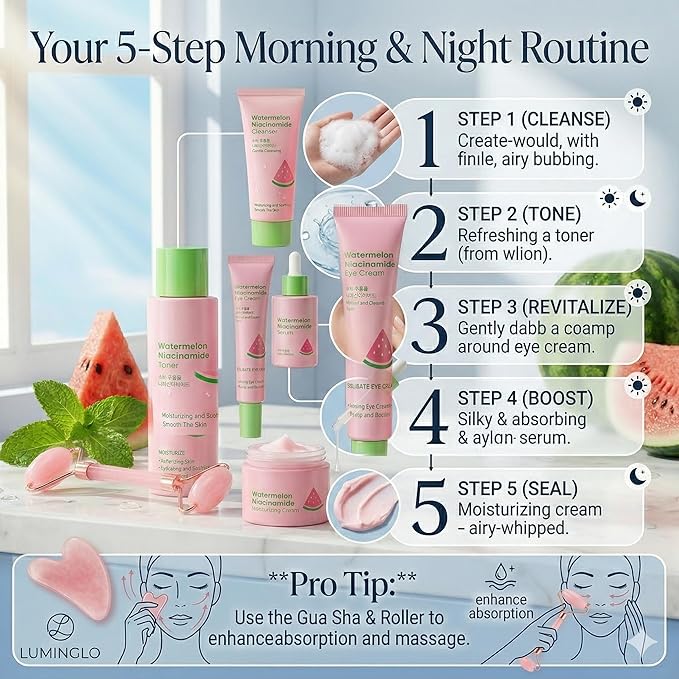 Watermelon Niacinamide Skin Care Set, Skin Care For Kids & Girls With Cleanser,Toner,Eye Cream,Cream,Serum,Headbeand & 2PCS Guasha, Skincare For Girls 10-12, Routine Beauty Skin Care For Teens Gift