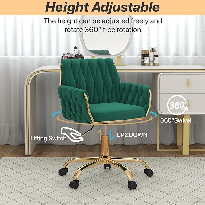 Velvet Home Office Chair, Modern Height Adjustable Cute Vanity Chair, 360° Swivel Makeup Chair Desk Chair with Golden Base and Hand Woven Backrest for Bedroom/Study/Vanity(Green)