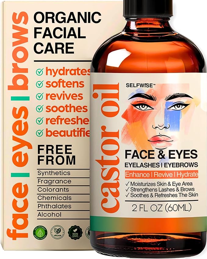 Organic Castor Oil For Face Moisturizer, Eyes, Eyelashes, Eyebrows, Wrinkles with Jojoba, Rosehip, Grapeseed, Squalane, Palmarosa, Bergamot and Vitamin E for Sensitive Skin, Men & Women 2oz