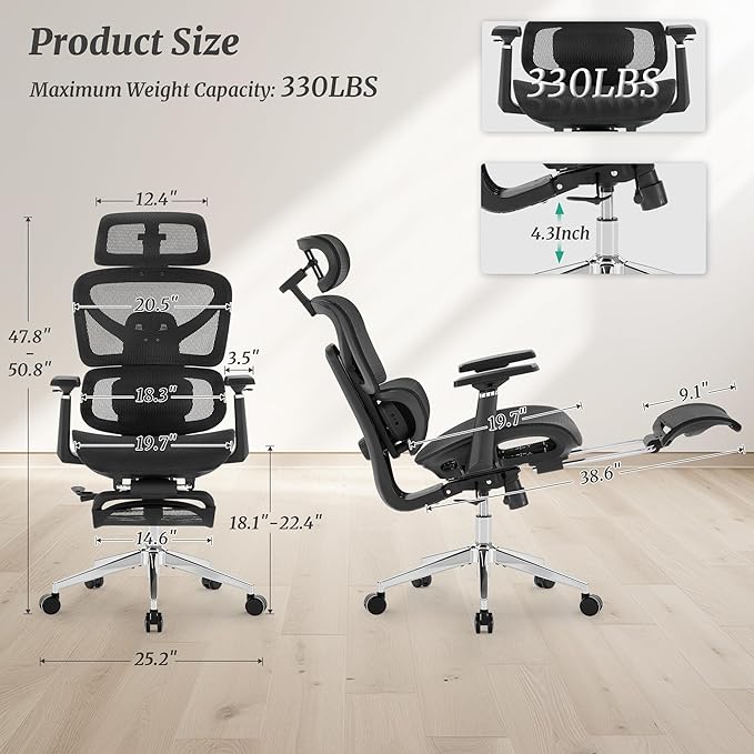 Ergonomic Office Chair with Footrest - 5-Level Adjustable Lumbar Support & 90-135°Recline, 3D Headrest & 4D Armrests, Breathable Mesh Seat Computer Chair for Home Office, Gaming, Black