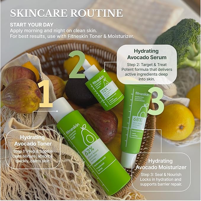 Hydrating Avocado – Toner, Serum & Moisturizer Set for Deep Hydration, Skin Barrier Repair & Soothing Korean Sklin care – Alcohol-Free, Fragrance-Free, Vegan