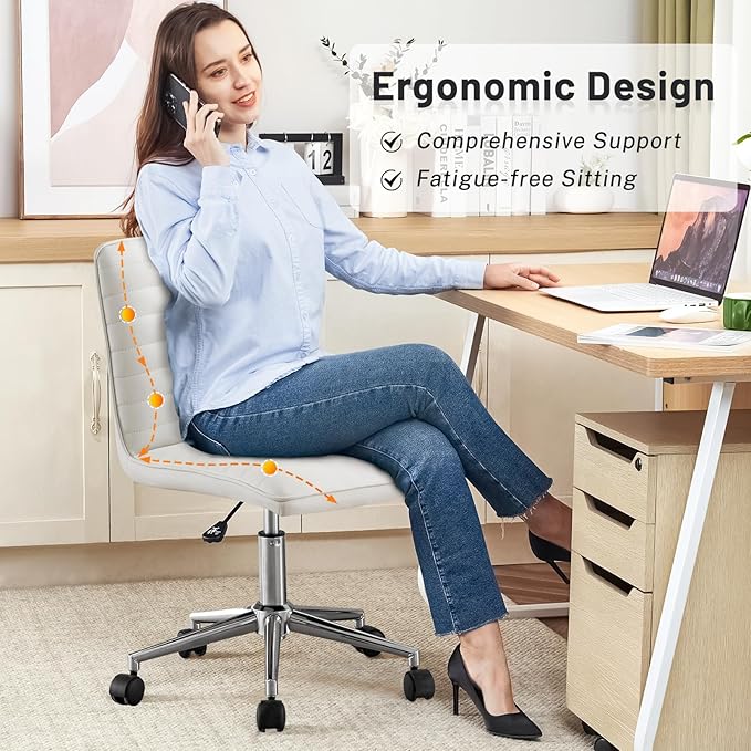 PU Leather Armless Office Chair - 360° Swivel Computer Desk Chair with Adjustable Height & Comfy Chrome Legs, Ivory White - Perfect for Home Office, Bedroom, Living Room & Vanity, Ivory White